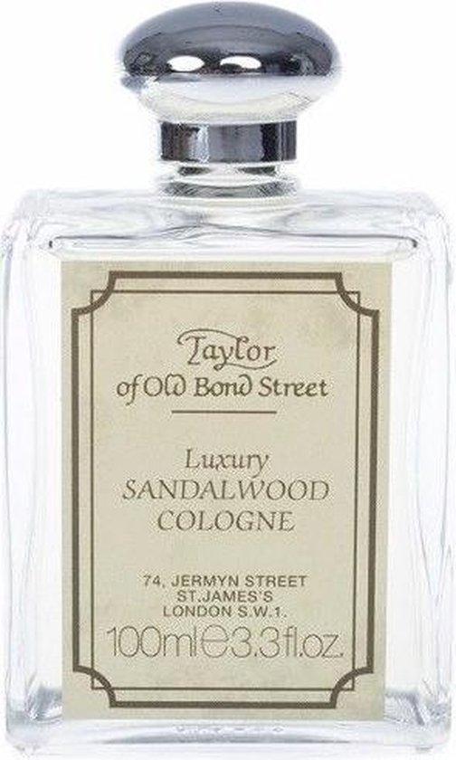 Taylor of Old Bond Street Sandalwood Cologne, 100ml. Transparante fles met zilveren dop.