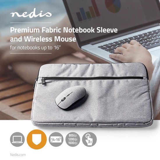 Nedis Laptop Hoes | Universele Sleeve Voor 15 - 16 Inch | Met 1600 dpi Muis | 2 Vakken | Grijs - Nedis