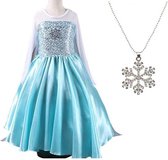 Elsa jurk Ster 150 met sleep + Ketting  maat 140-146 Prinsessenjurk meisje blauw Verkleedkleren meisje