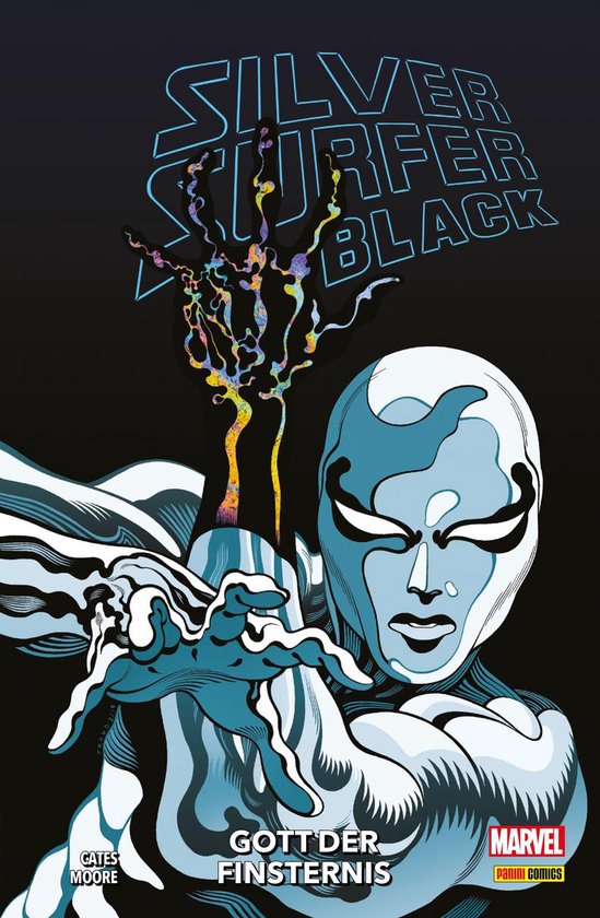 Silver Surfer: Black - Gott der Finsternis comic. De Silver Surfer staat op de voorgrond, met zijn arm uitgestrekt en kleurrijke kosmische energie uit zijn vingertoppen. Titel bovenaan: Silver Surfer Black.