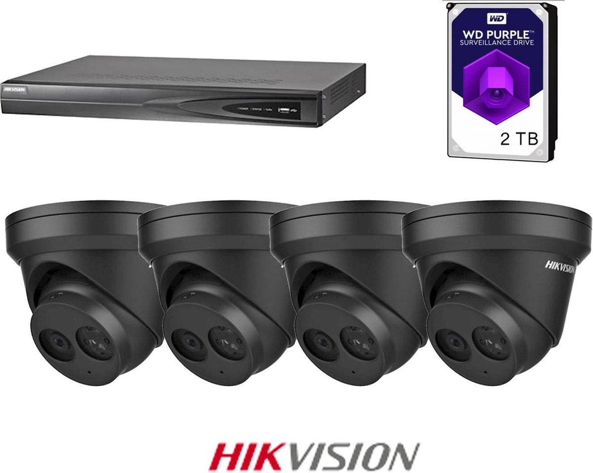 HIKVISION Exir Dome 4MP 2.8mm Black Set, 4K 4-channel recorder incl 2TB WD Purple, 4x EXIR 4MP Dome's 2.8mm + beugels en gratis netwerkkabel.