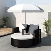 Loungebed set poly rattan met parasol (zwart)