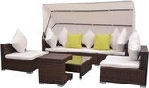 7-delige Loungeset met luifel poly rattan bruin (incl. Fleecedeken)