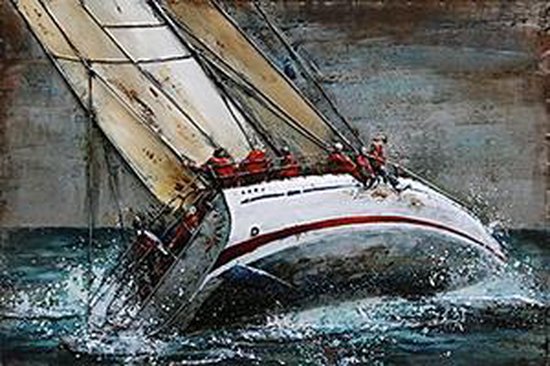 3D art Metaalschilderij - Zeilboot schuin op de wind - handgeschilderd - 120 x 80 cm