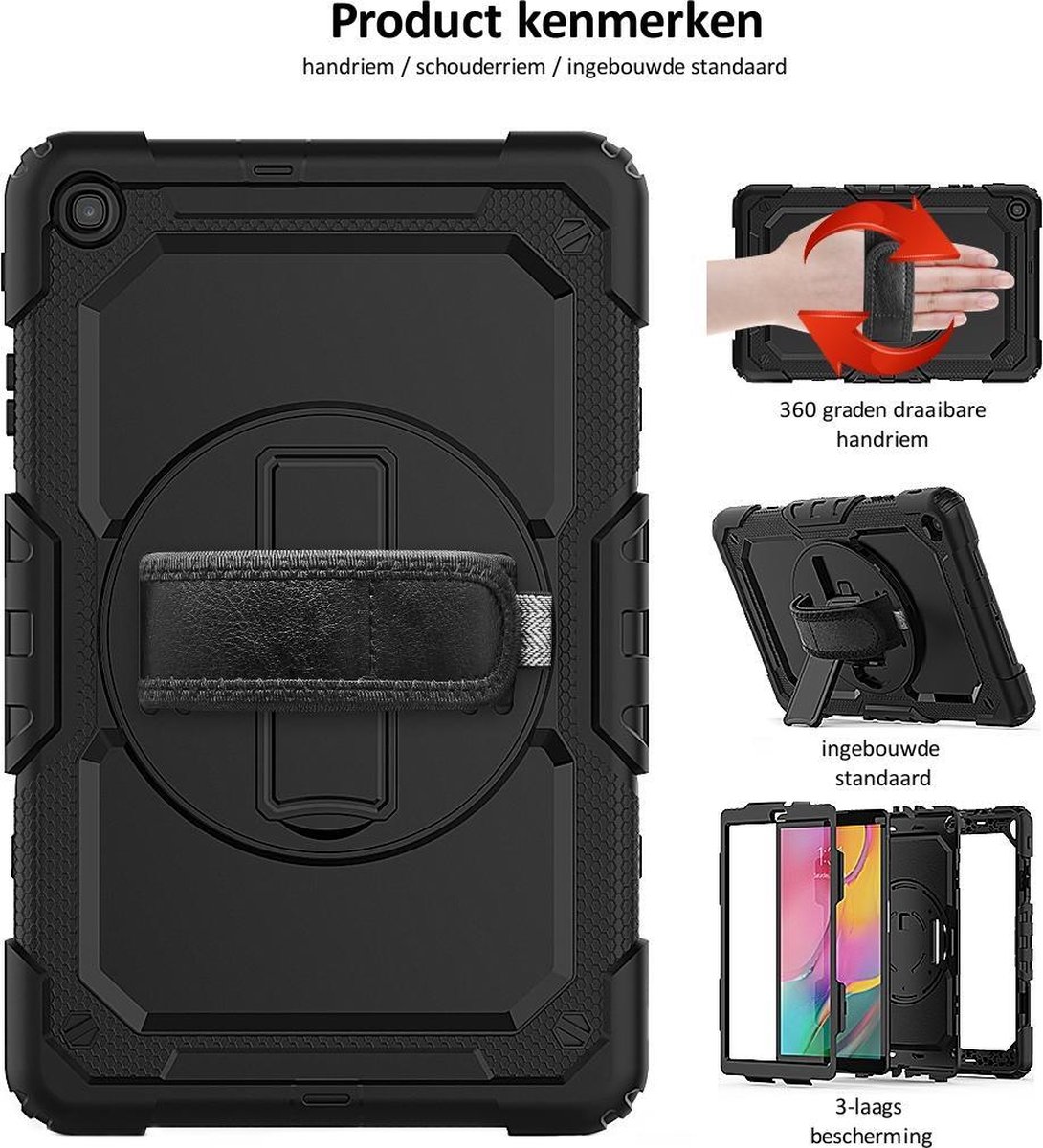Dasaja case geschikt voor Samsung Galaxy Tab A 10.1 (2019) met screenprotector, handriem en schouderriem voor Horeca en Bouw
