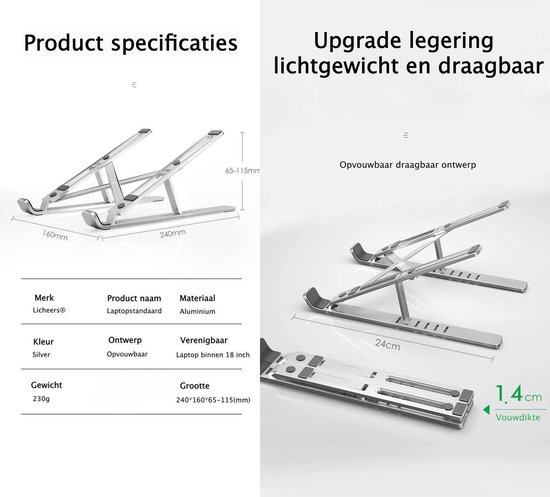 Bol Com Licheers Compact Alu Verstelbare Ergonomische Laptop Notebook Standaard Universeel