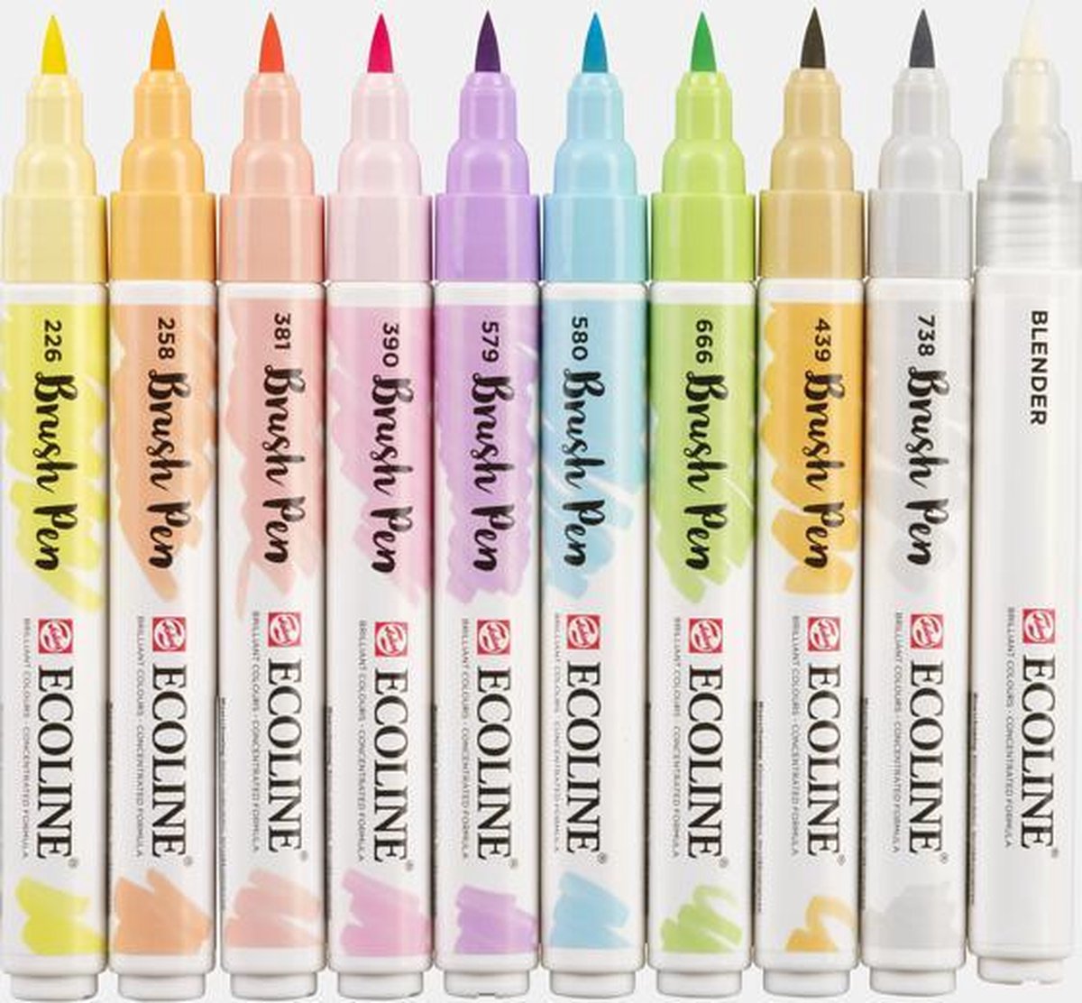 Talens Ecoline set van 10 Brush Pennen Pastel Kleuren + A4 Ecoline Blok, + 1 Ecoline Blender  + één  A4 Zipperbag