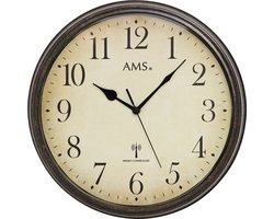 AMS F5962 - Wandklok - Analoog - Rond - Radiogestuurde tijdsaanduiding - Metaal - MineraalGlas - Ø32 cm - Bruin