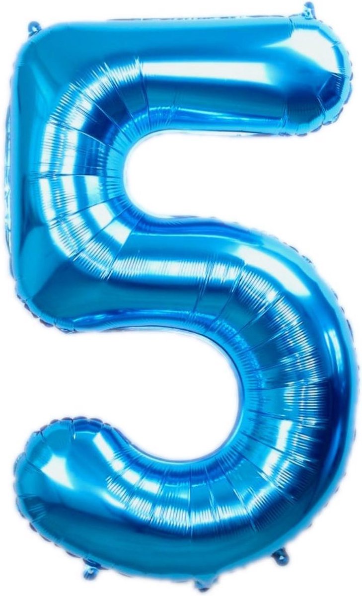 Folie Ballon Cijfer 5 Jaar Cijferballon Feest Versiering Folieballon Verjaardag Versiering Blauw XL 86Cm Met Rietje - BTH