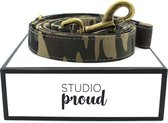 Studio Proud - Hondenriem – camouflage print  - bronskleurige accenten - maat M - deze uitlaatriem is perfect te combineren met bijpassende poepzakjeshouder