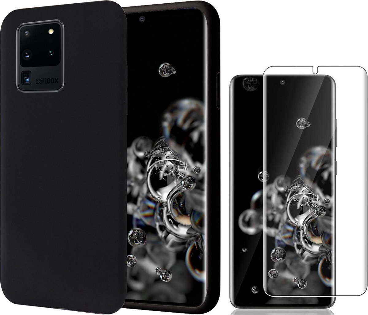 Hoesje geschikt voor Samsung S20 Ultra - Liquid Siliconen Case + Screen Protector - Zwart