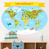 Muursticker wereldkaart dieren voor kinderkamer | zelfklevende poster | deursticker | wereldkaart kinderen