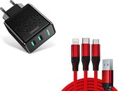 DrPhone - ACC02 IQ Smart 2 Poort Lader - 5V 2.4A - 2 USB Poorten + 3 in 1 Kabel (USB-C + Lightning + Micro USB) 1 Meter - Zwart