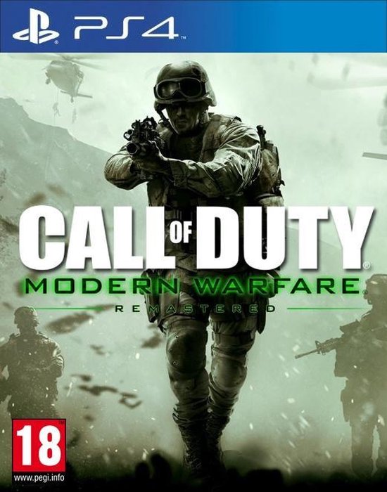 PlayStation 4 spel "Call of Duty: Modern Warfare Remastered" met een soldaat in gevechtstenue, helikopters en PEGI 18 rating.