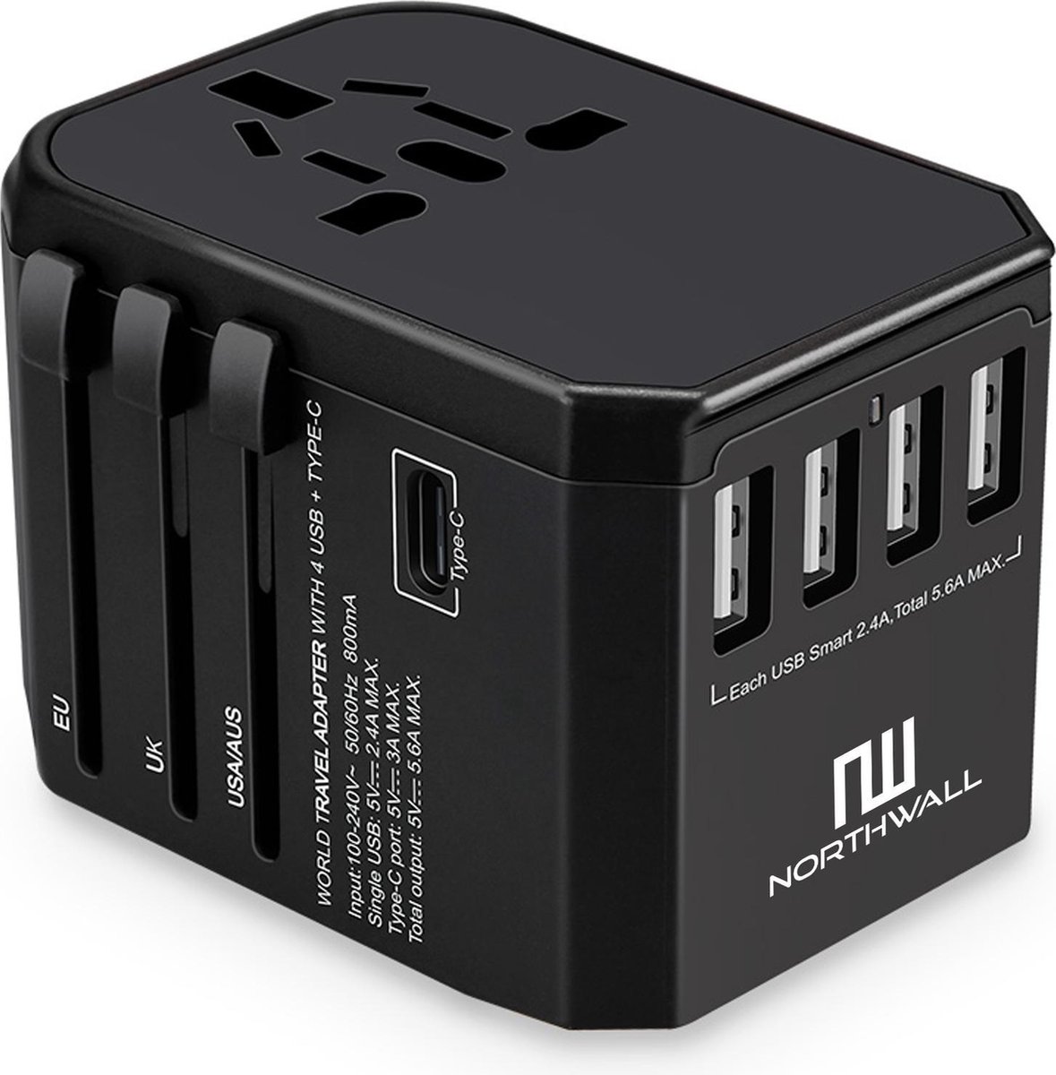 Universele Wereldstekker met 4 USB Poorten - Internationale Reisstekker voor 150+ landen