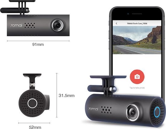 Zwart 70Mai dashcam met afmetingen (91mm, 31.5mm, 52mm) en een smartphone die de app toont.