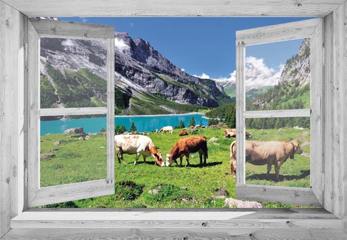 Tuindoek doorkijk - 130x95 cm - openslaand wit venster naar bergwei met koeien - tuinposter - tuin decoratie - tuinposters buiten - tuinschilderij - balkon decoratie