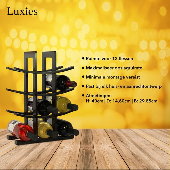 Luxies Wijnrekken Hout met Wijnstopper - Bamboe Flessenrek - Wijnrek - Flessenhouder - Wijnhouder - Wijn Accessoires - 12 Flessen - Zwart - Luxies