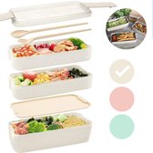 Bento Box Lunchbox Beige met bestek - Magnetron / Vriezer / Vaatwasser bestendig - Bio 3 lagen mealprep container - 900 ml - 3 kleuren - Beige - Groen - Roze