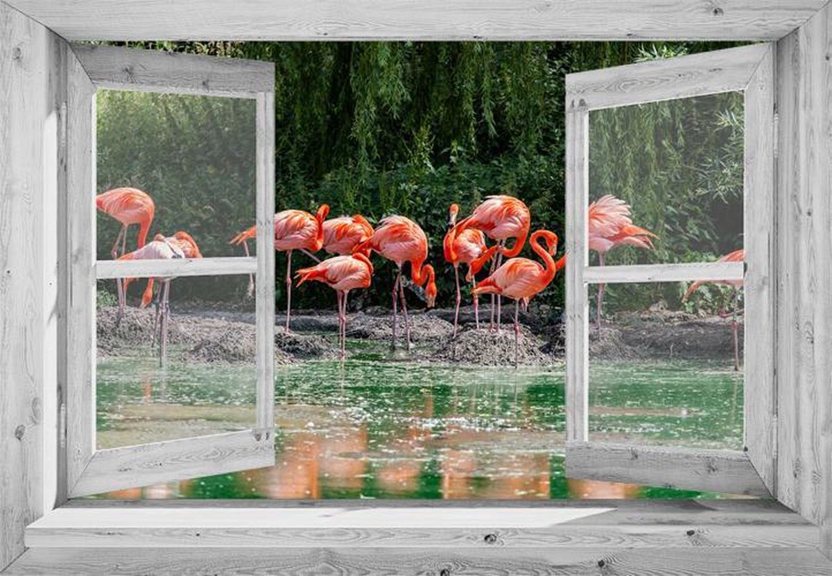 Tuindoek doorkijk - 130x95 cm - openslaand wit venster naar flamingo's - tuinposter - tuin decoratie - tuinposters buiten - tuinschilderij