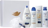 Dove Original - Douchecrème, Anti-transpirant Spray, Bodylotion, Shower Mousse en Dove Showerpuff - Geschenkset