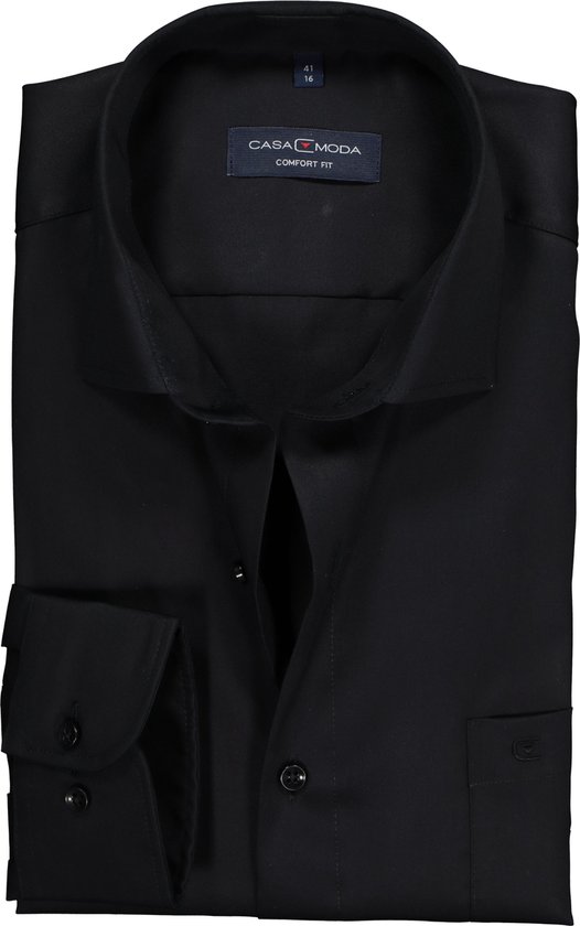 CASA MODA comfort fit overhemd - zwart twill - Strijkvrij - Boordmaat: 54