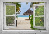 Tuindoek doorkijk - 130x95 cm - openslaand wit venster naar tropisch strand  - tuinposter - tuin decoratie - tuinposters buiten - tuinschilderij