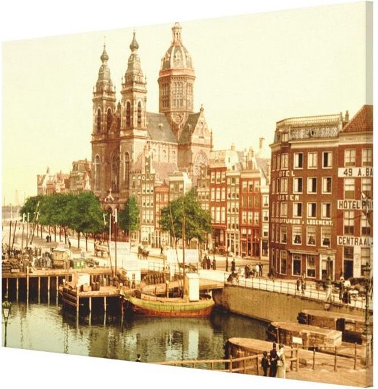 Oud Stadsgezicht Amsterdam - St. Nicolaaskerk Prins Hendrikkade - Oude Foto Print op Canvas Doek - 90x60 cm