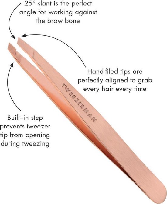 Koperkleurige schuine pincet van Tweezerman met handgeslepen punten die elke haar pakken. De 25° schuine punt is ideaal voor de wenkbrauw.
