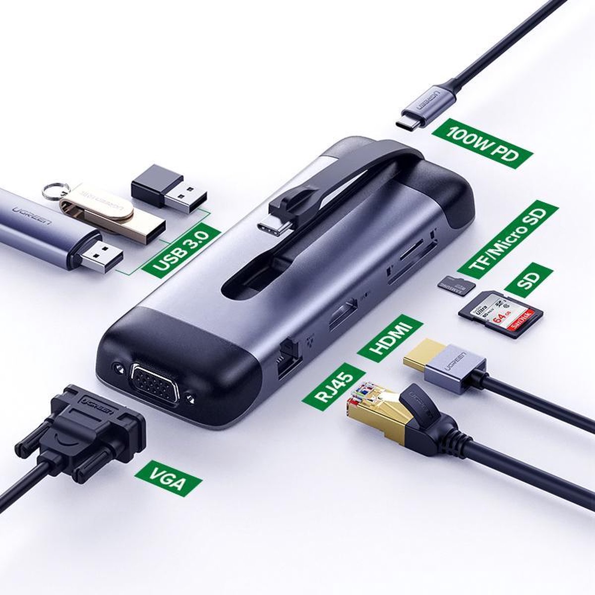 USB-C adapter voor MacBook (Thunderbolt 3) met 4K HDMI & VGA en 7 andere poorten voor elke situatie - 9 in 1 USB-C Adapter Pro - Portable Edition