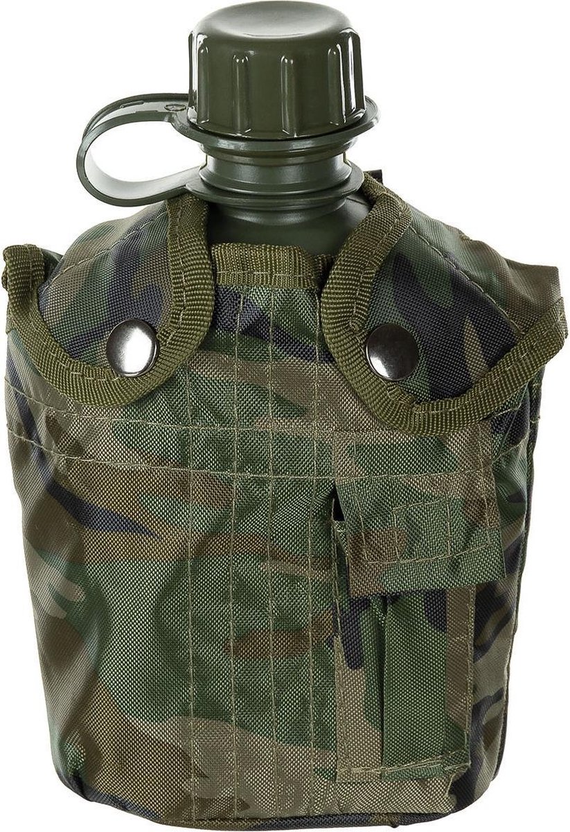 MFH US Army kunststof veldfles, 1 liter, hoes, Woodland-camouflage, BPA-vrij