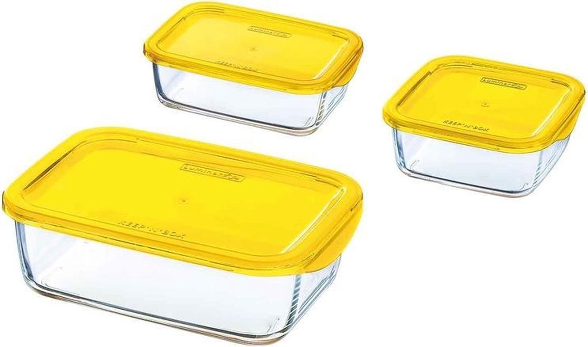 3x Glazen voorraad/vershoud bakjes geel - Voedsel bewaar bakjes - Mealprep - Lunchbox