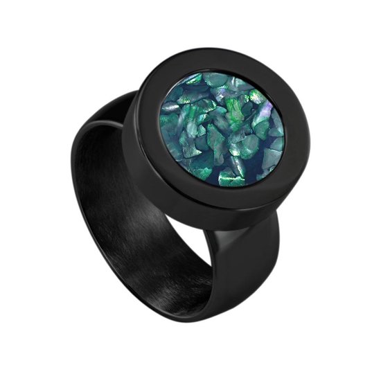 Quiges RVS Schroefsysteem Ring Zwart Glans 19mm met Verwisselbare Donkerblauwe Vlokjes Schelp 12mm Mini Munt