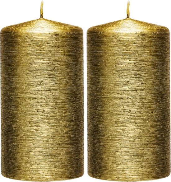 2x Creme gouden cilinderkaarsen/stompkaarsen 7 x 13 cm 25 branduren - Geurloze creme goudkleurige kaarsen - Woondecoraties
