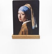 Deco bordje, inclusief houten standaard - Meisje met de parel - Johannes Vermeer - 14 x 9 cm