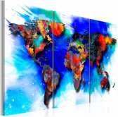 Schilderij - Wereldkaart - Regenboog Kaart, Multi-gekleurd, 3luik , wanddecoratie , premium print op canvas
