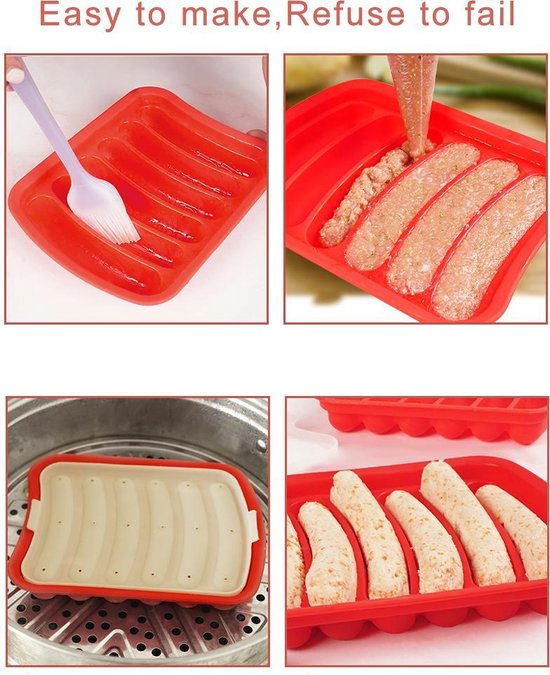 Hotdogmaker 13,6 * 3,5 * 17,6 cm– bakvorm hotdog – hotdogbakje – bakvormen – silicone – voor zes hotdogs - rood - Merkloos