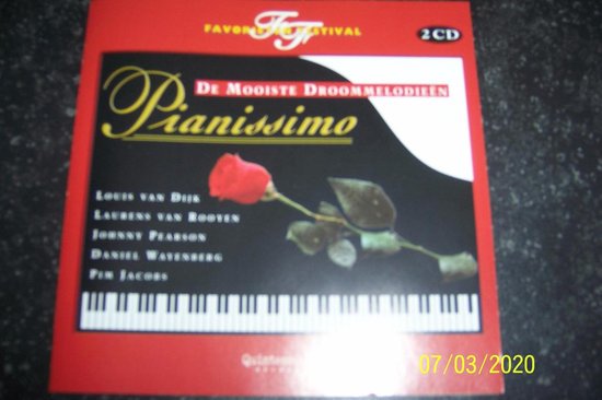 Cd-hoes Pianissimo De Mooiste Droommelodieen met rode roos en piano toetsen.