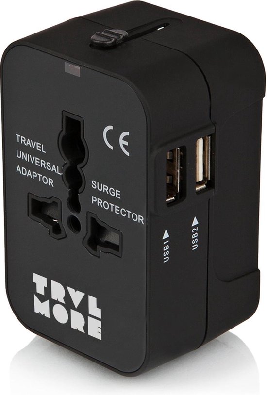TravelMore Universele Wereldstekker met 2 USB Poorten – Zwart
