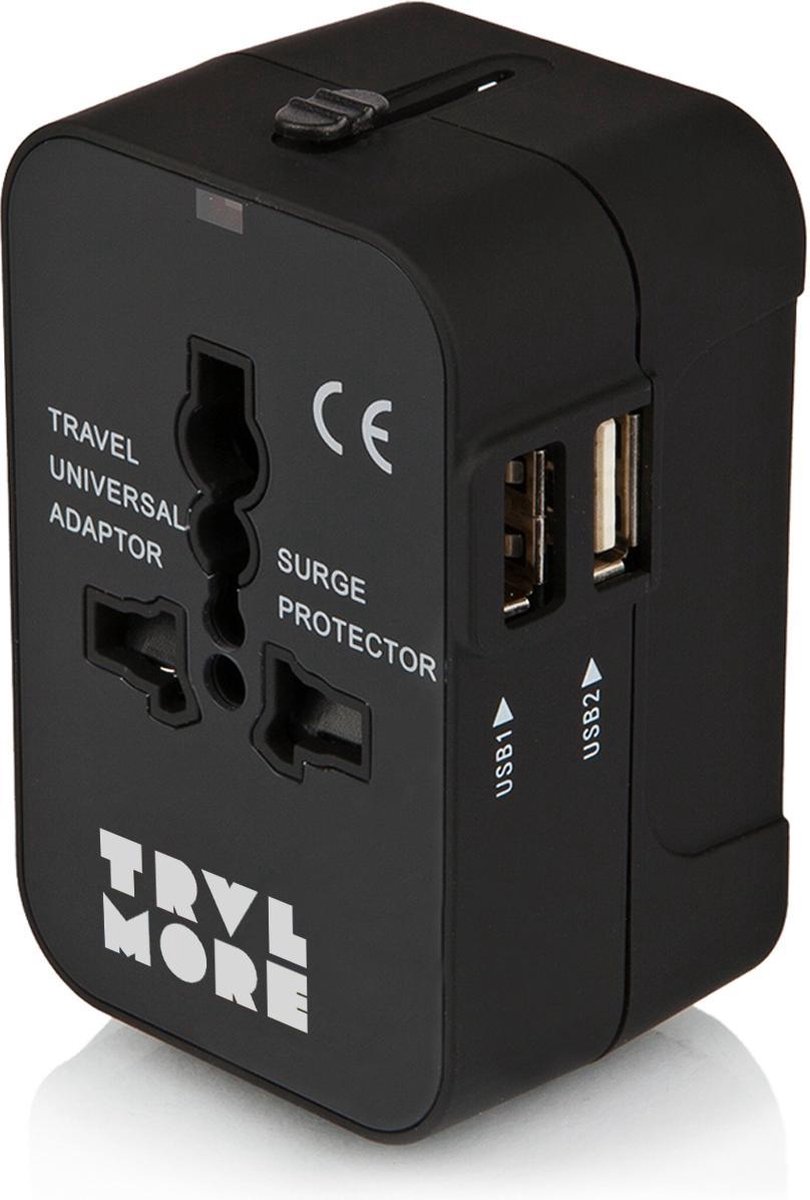 TravelMore Universele Wereldstekker met 2 USB Poorten – Zwart - TravelMore