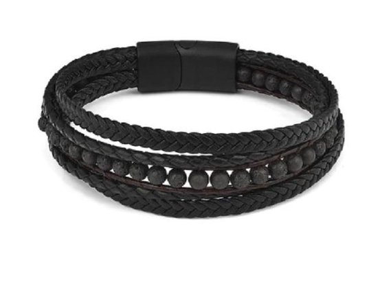 Armband heren - 1 kralen snoer zwart en 4 strengen gevlochten leer zwart -  Sorprese -... | bol.com