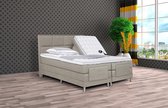 Boxspring Face compleet, merk Olympic Life, elektrisch verstelbaar, 140 x 210 cm, beige, 18-delig met vierkanten motieven hoofdbord