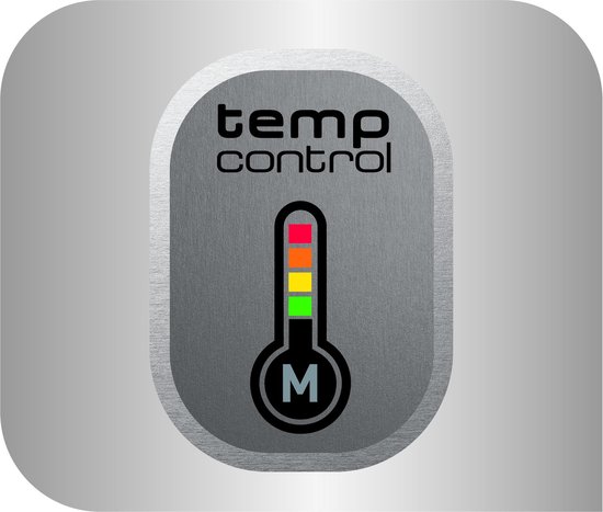 Indicator 'Temp Control' met thermometer-icoon en 'M' op een grijze achtergrond.