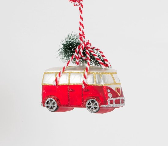 Sass & Belle - Kerstbal Volkswagenbusje rood met kerstboom - Coming home for xmas love camper glas