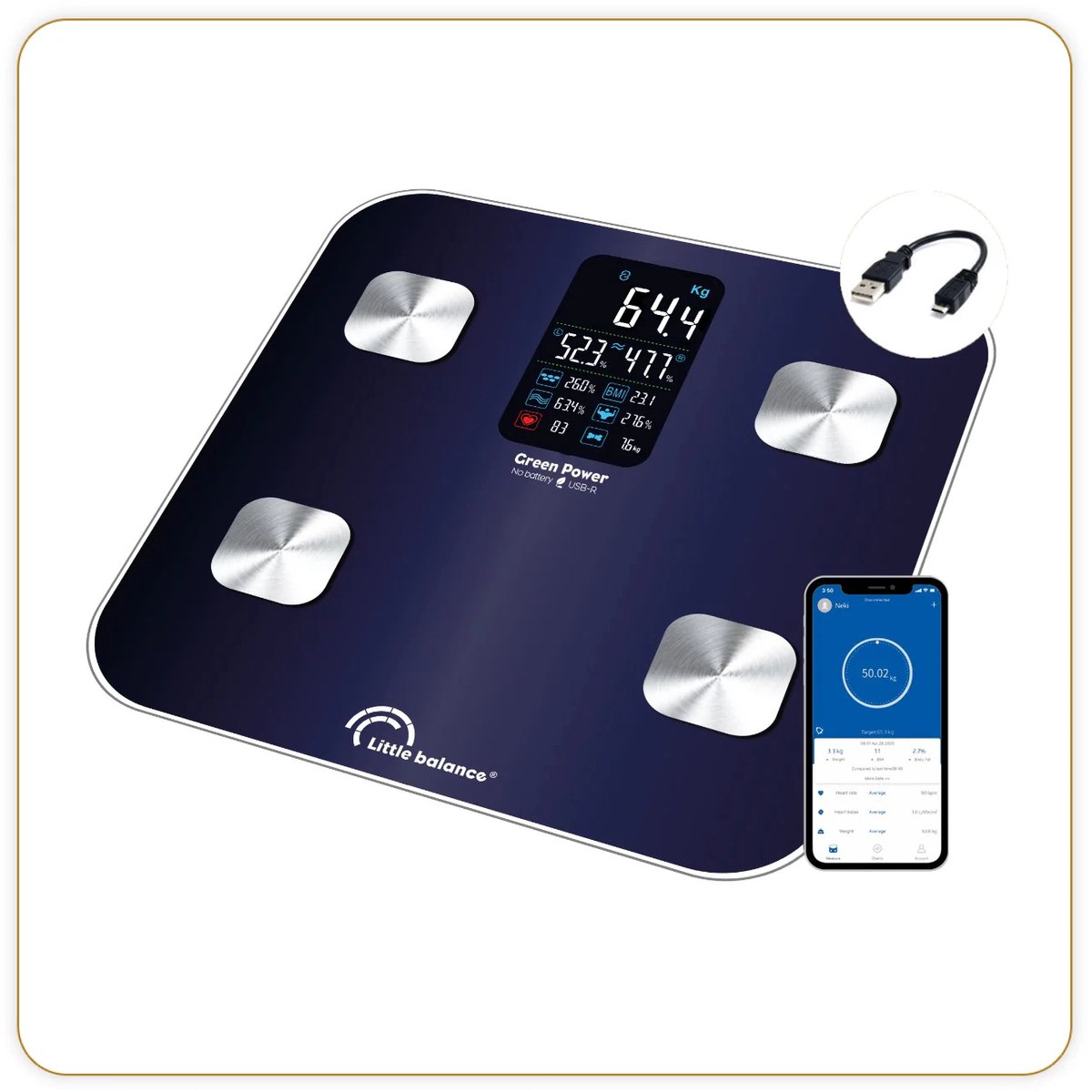 Little Balance 8661 Cardio X4 - SMART personen weegschaal - USB oplaadbaar - gebruiksvriendelijke APP - blauw