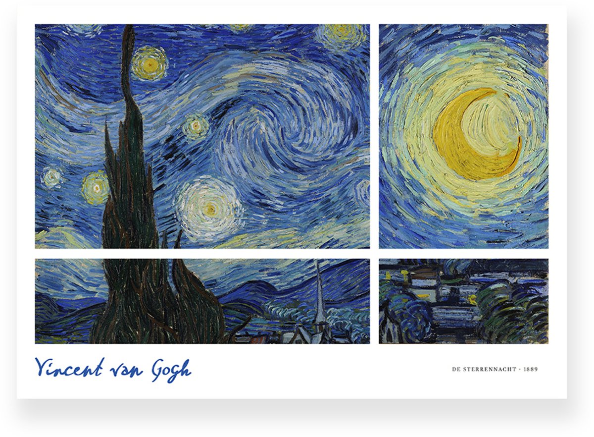 Yisual Poster 40x30 cm - Sterrennacht - Vincent van Gogh - Blauw - Geel - Wit - Klassiek - Postimpressionisme - Wanddecoratie
