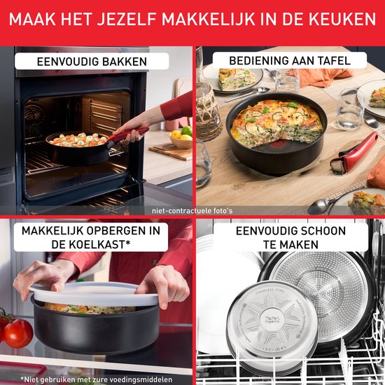 Vier afbeeldingen die het gebruik van de Tefal Ingenio pannenset tonen: bakken in de oven, serveren aan tafel, opbergen in de koelkast en schoonmaken in de vaatwasser.