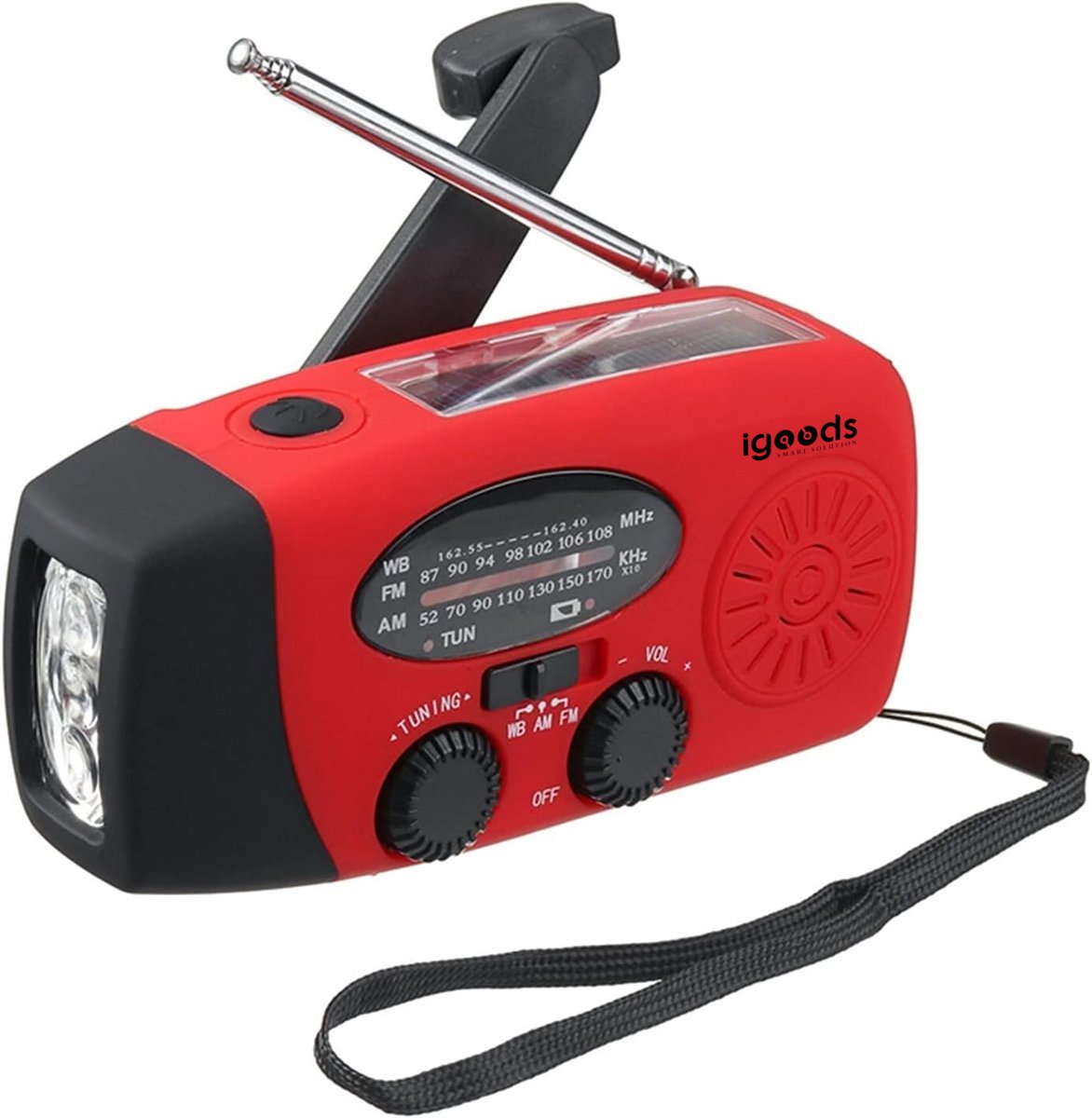 Igoods Noodradio - Opwindbare Radio - Solar Radio - Zonne-energie - Met Zaklamp - Campingradio - Powerbank - Rood