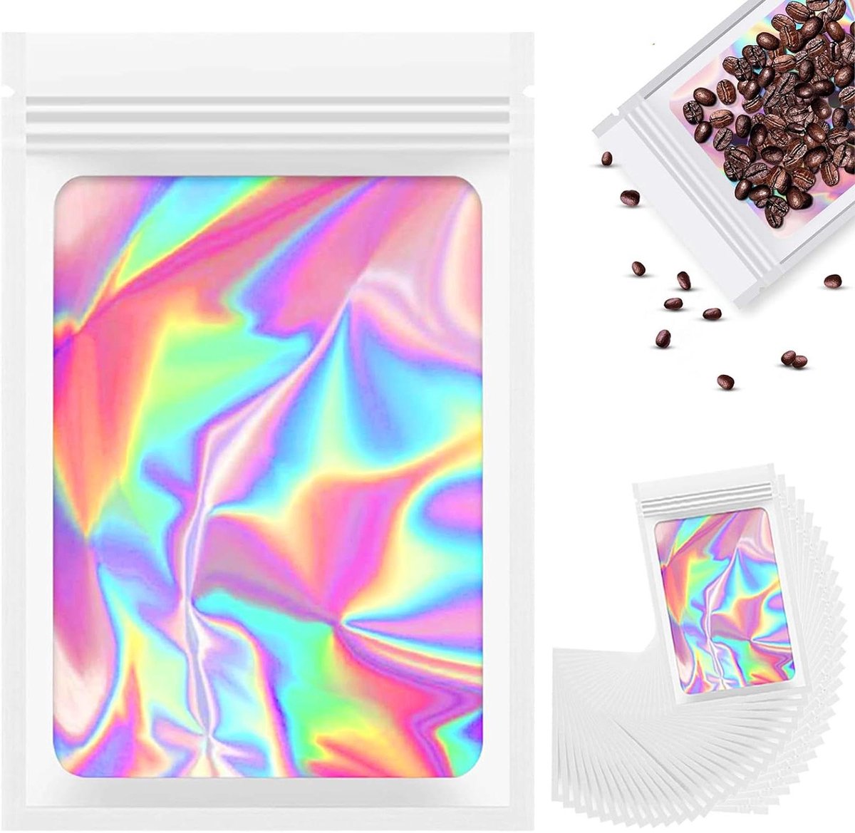Allecto Plus - Mylar zakjes met doorzichtig venster - 8 x 13 cm - 100 stuks - wit - voor het bewaren van kleine voorwerpen, koffie en snoep