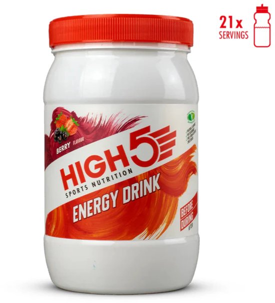 Witte pot HIGH5 Sports Nutrition Energy Drink Bessen smaak, met oranje-rode opdruk en illustratie van bessen. Tekst '21x servings'.